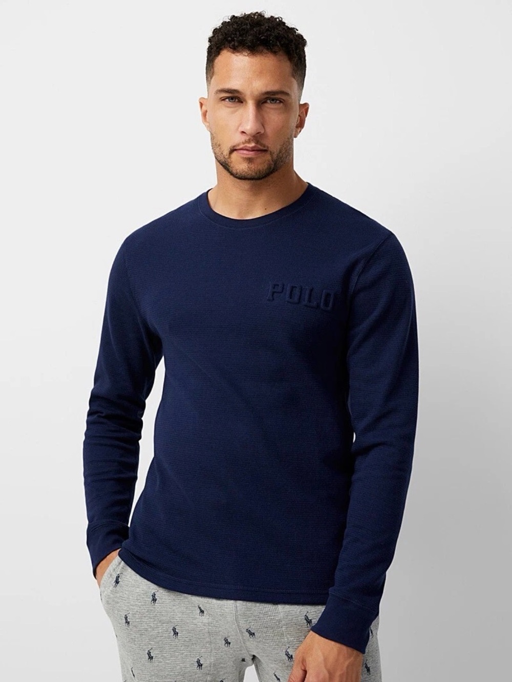 Polo Ralph Lauren Embossed Logo Waffle Knit Shirt Navy Blue Mens Size Medium